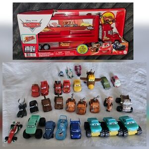 Disney Pixar Cars Lot of 25 Metal & Plastic Large & Minis & New Mack Transporter